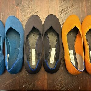 Lot of Rothy's round toe flats in Blue, Black, and gold